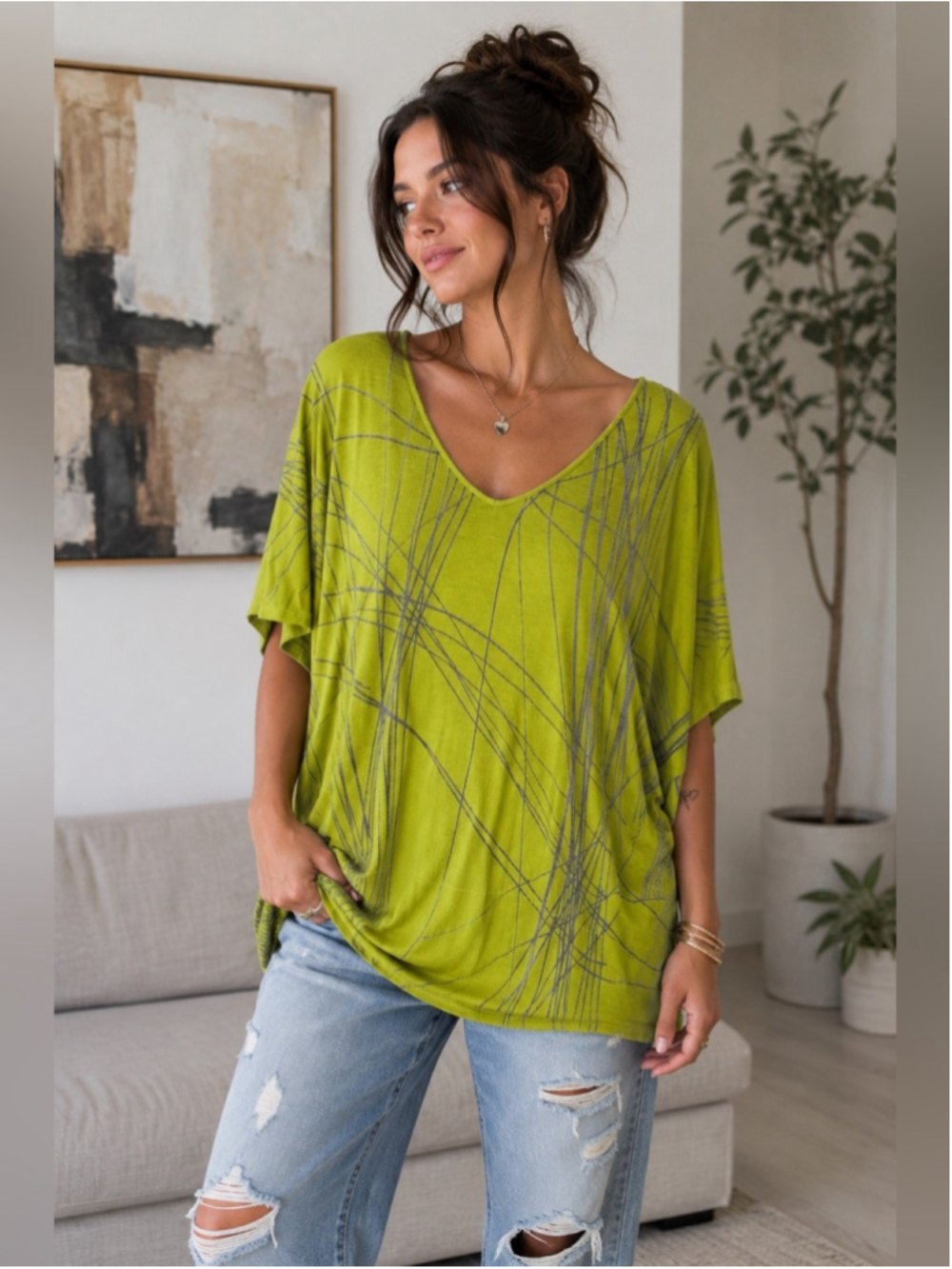 Vintage Y2K Vanilla Sugar Relaxed V-Neck Lime Green Graphic Top Size L Boho
